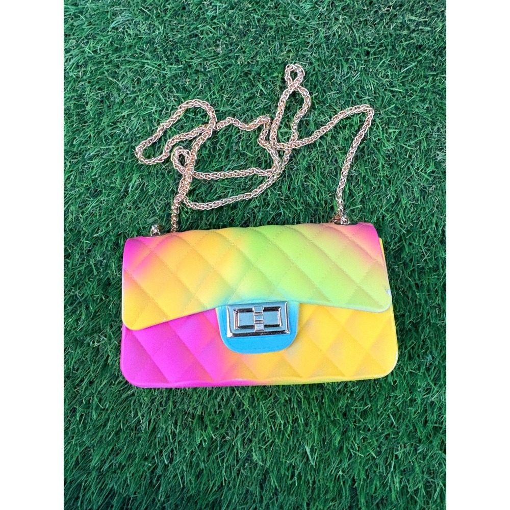 Alba Rainbow Ombre Quilted Jelly Crossbody Bag Gold Chain Strap Neon Pink Yellow